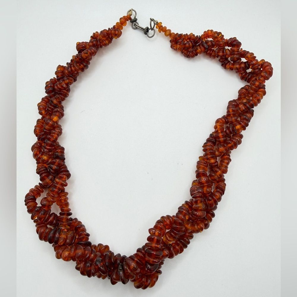 ~20" Vintage BRAIDED AMBER chunk necklace with brass tone hardware!